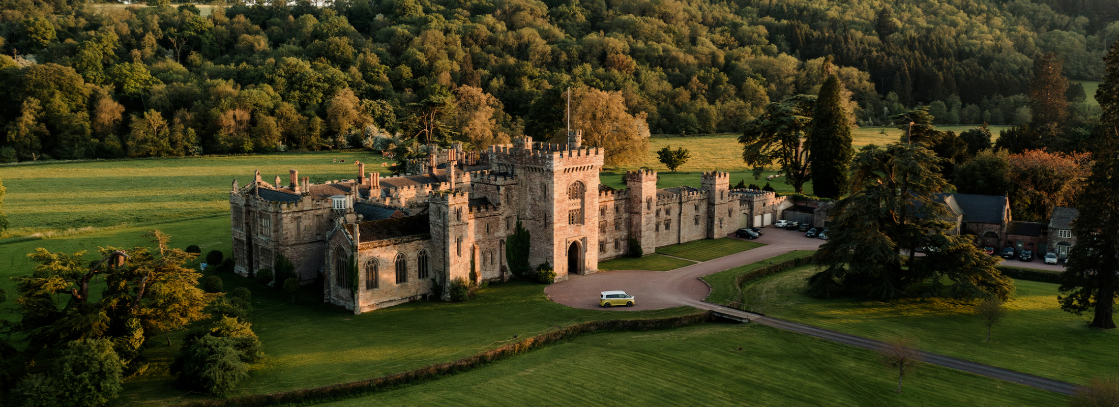 exterior aerial shot of Hampton Court Castle wedding venue